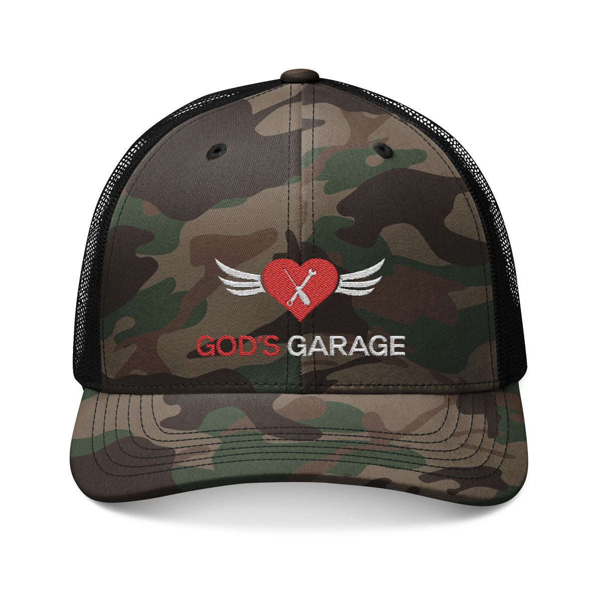 Camouflage Trucker Hat — "God's Garage" Embroidered Heart & Wrench Patch