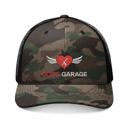 Camouflage Trucker Hat — "God's Garage" Embroidered Heart & Wrench Patch