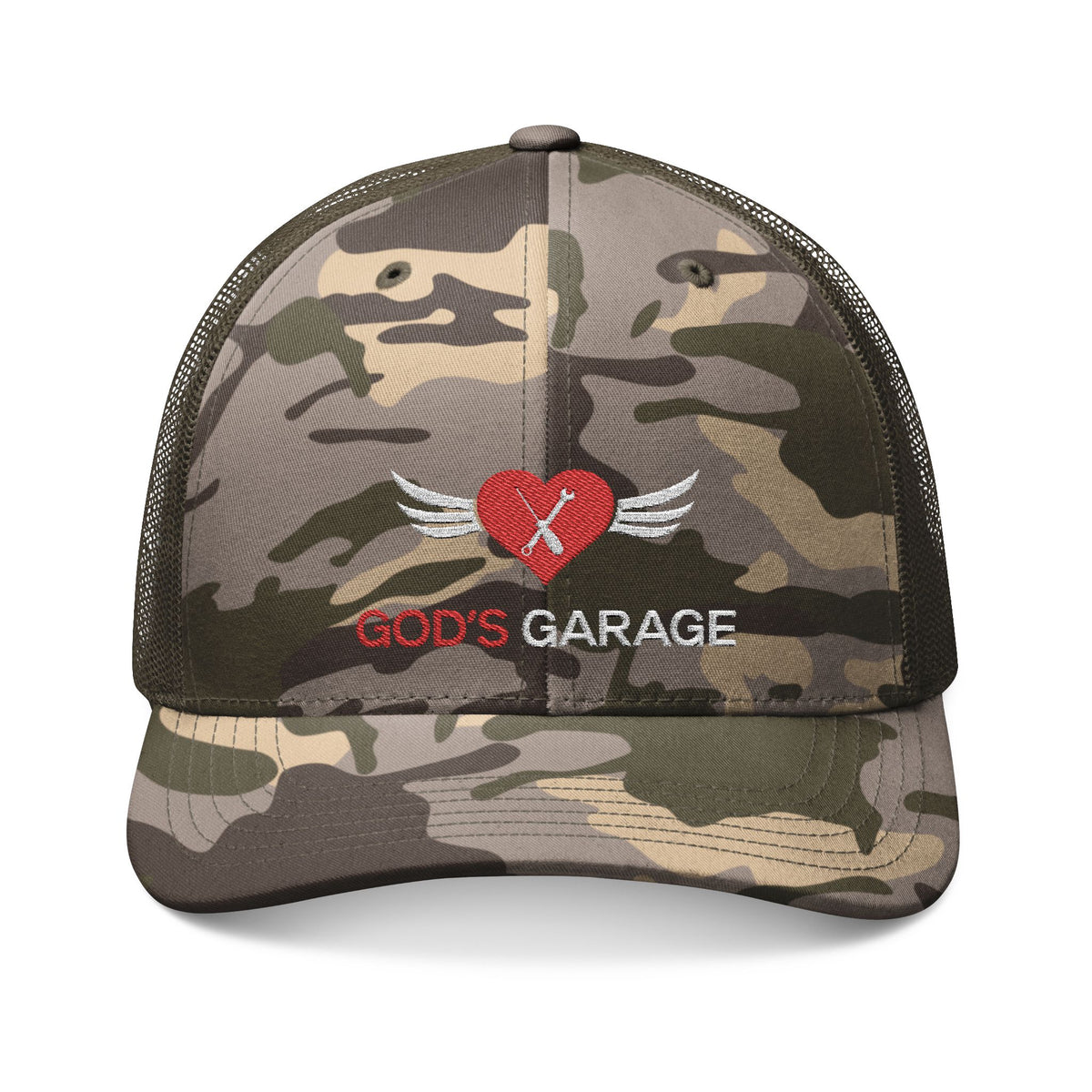 Camouflage Trucker Hat — "God's Garage" Embroidered Heart & Wrench Patch