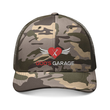Camouflage Trucker Hat — "God's Garage" Embroidered Heart & Wrench Patch