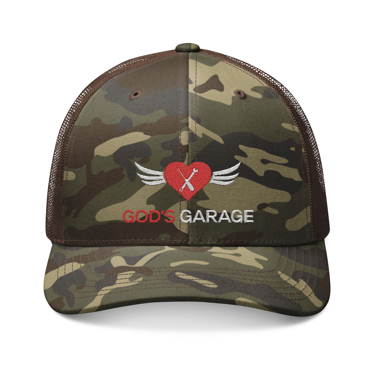 Camouflage Trucker Hat — "God's Garage" Embroidered Heart & Wrench Patch